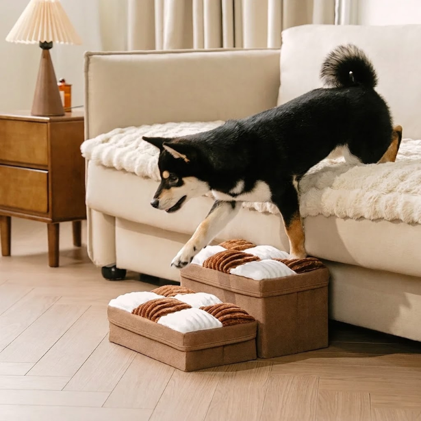 Escalier pour chien à carreaux damier amovible, fabriqué à la main, avec rangement - Marches pliables