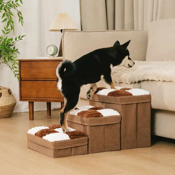 Escalier pour chien à carreaux damier amovible, fabriqué à la main, avec rangement - Marches pliables