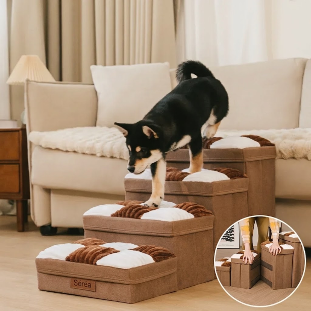 Escalier pour chien à carreaux damier amovible, fabriqué à la main, avec rangement - Marches pliables